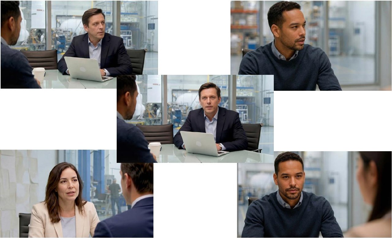 Four cast members appearing in the generative AI Control Account Manager review preparation course, shown across five meeting-room shots.