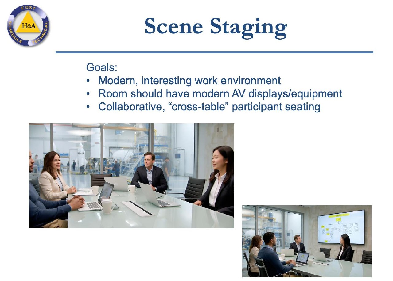 Humphreys & Associates scene-staging brief specifying a modern work environment, modern audiovisual displays, and collaborative cross-table participant seating.