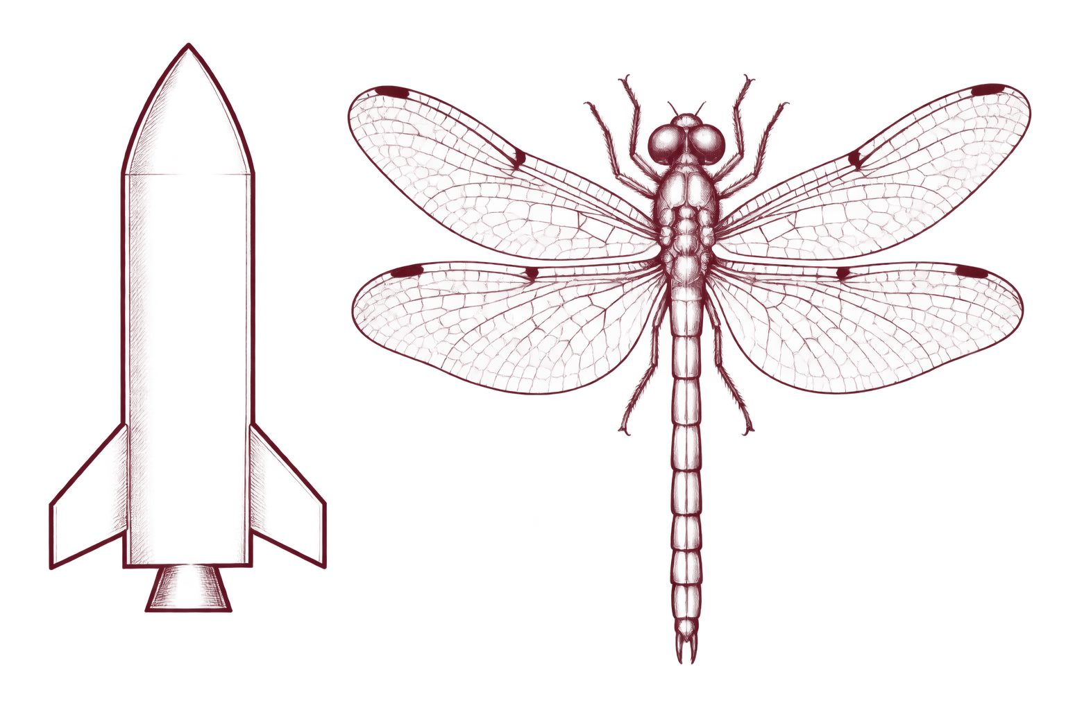 Burgundy pen-and-ink rocket and dragonfly with finely branching wing veins, inspired by Philosophy Of Physics’s Fourier animations.