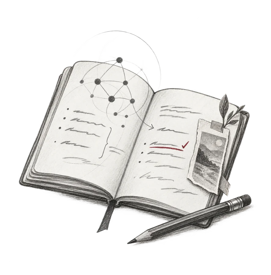 Graphite illustration of an open notebook and pencil.