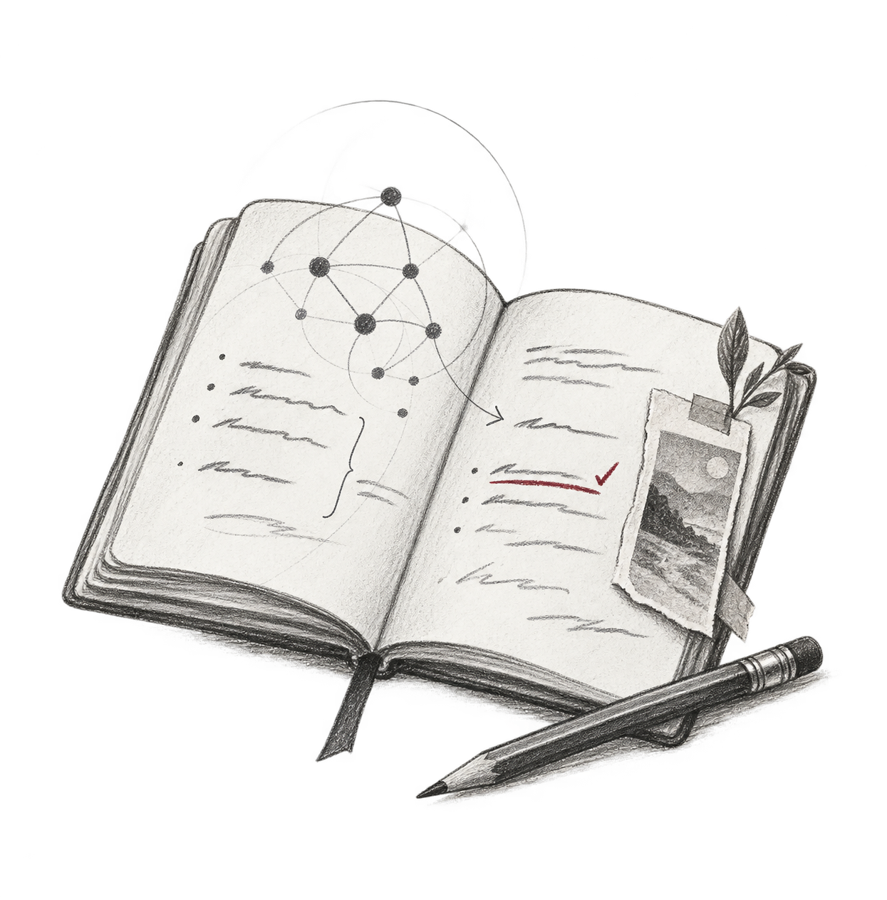 Graphite notebook study of connected ideas and annotated notes