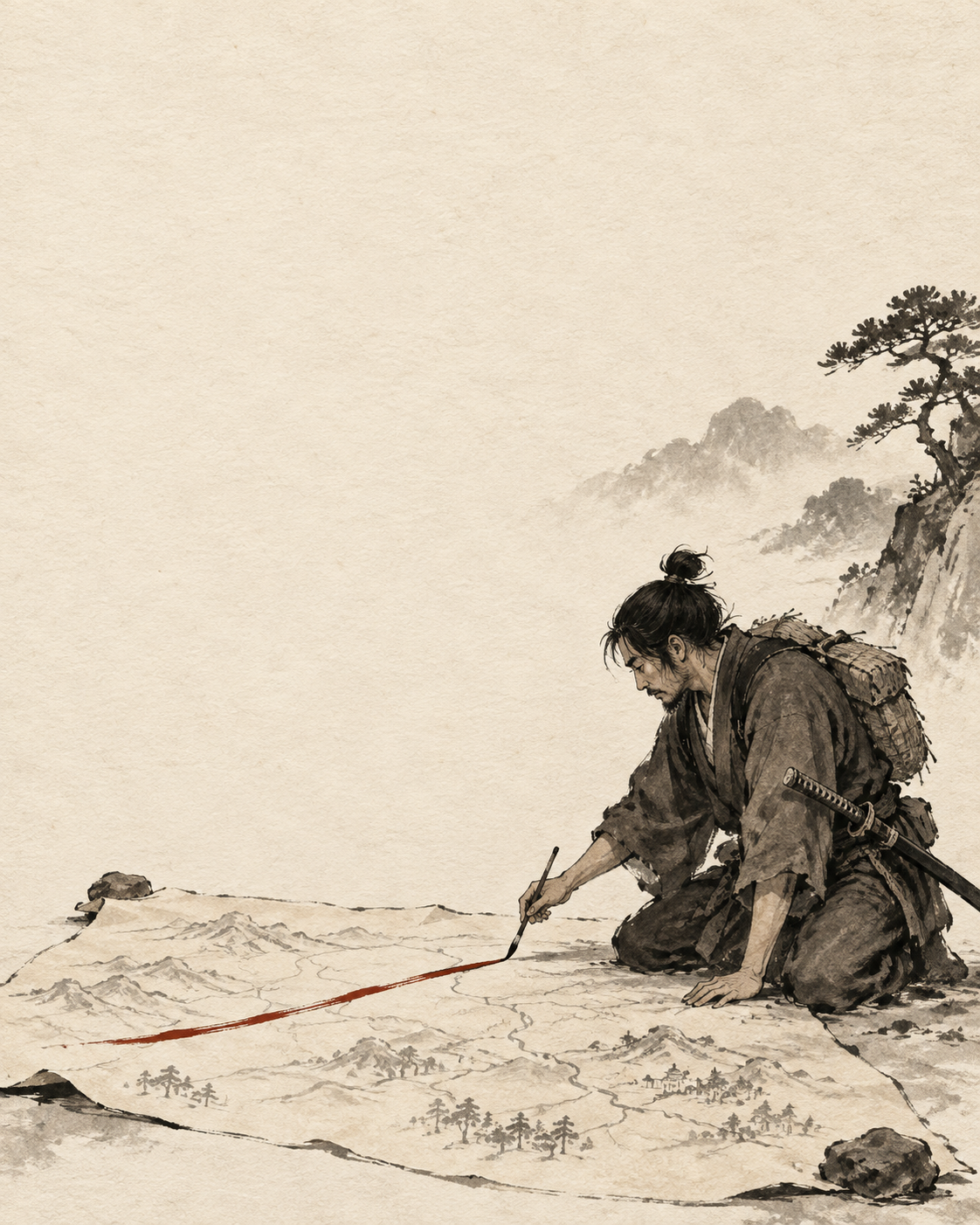A quiet graphite study of a strategist drawing a single line across a map