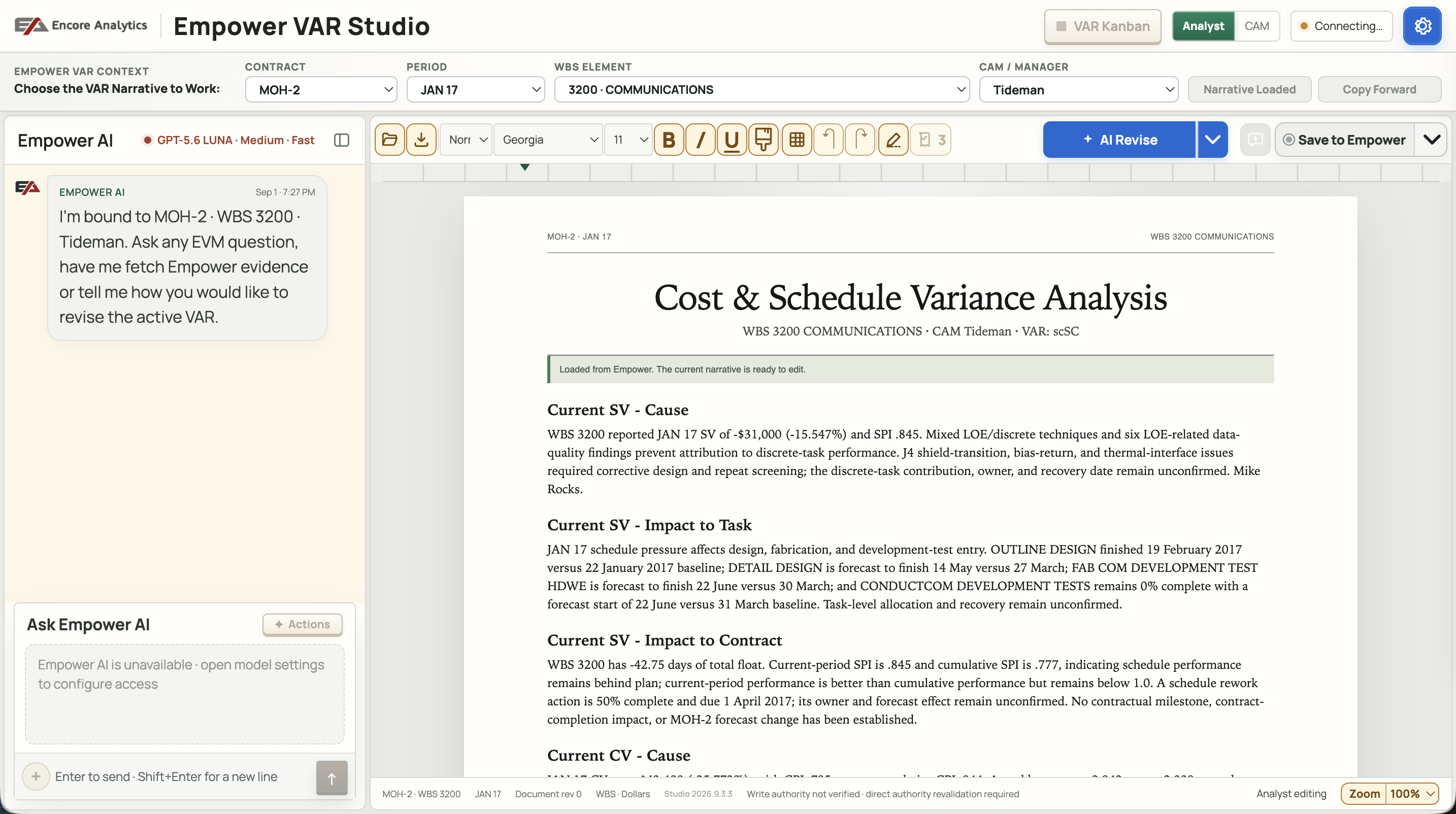 Empower VAR Studio showing the MOH-2, WBS 3200 Communications variance narrative and AI panel