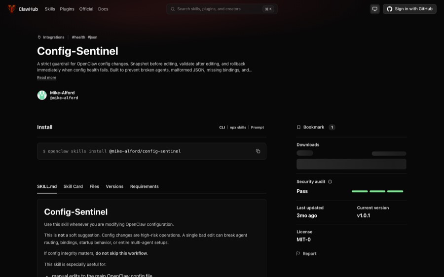 Config Sentinel published on ClawHub, showing a passing security audit and an MIT-0 license.