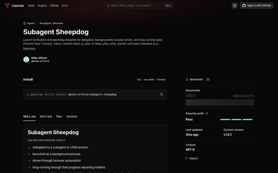 Subagent Sheepdog published on ClawHub, showing a passing security audit and an MIT-0 license.